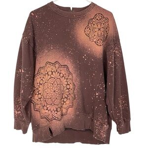Handmade Floral Stencil Sweatshirt Pullover Womens Small Upcycled Oversized Crew